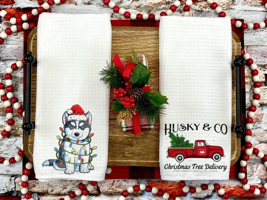 Christmas Siberian Husky Microfiber Waffle Weave Kitchen Towels