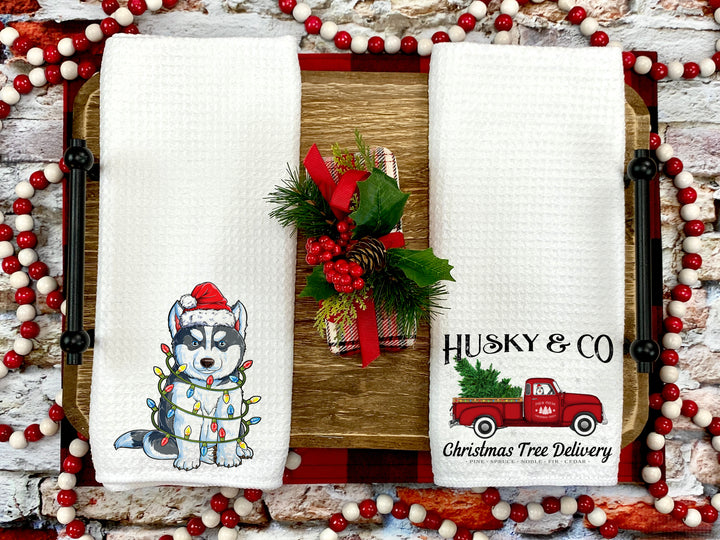 Christmas Siberian Husky Microfiber Waffle Weave Kitchen Towels