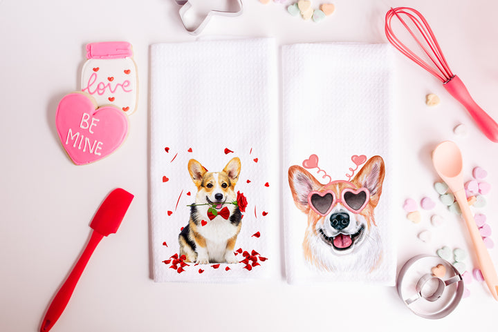 Valentines Day Corgi Dog Microfiber Waffle Weave Kitchen Towels