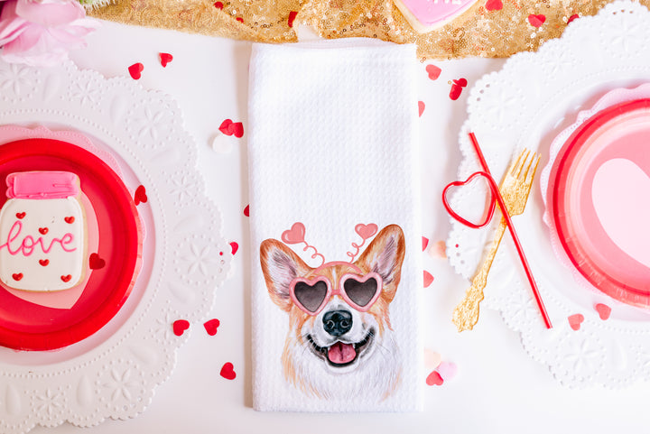 Valentines Day Corgi Dog Microfiber Waffle Weave Kitchen Towels