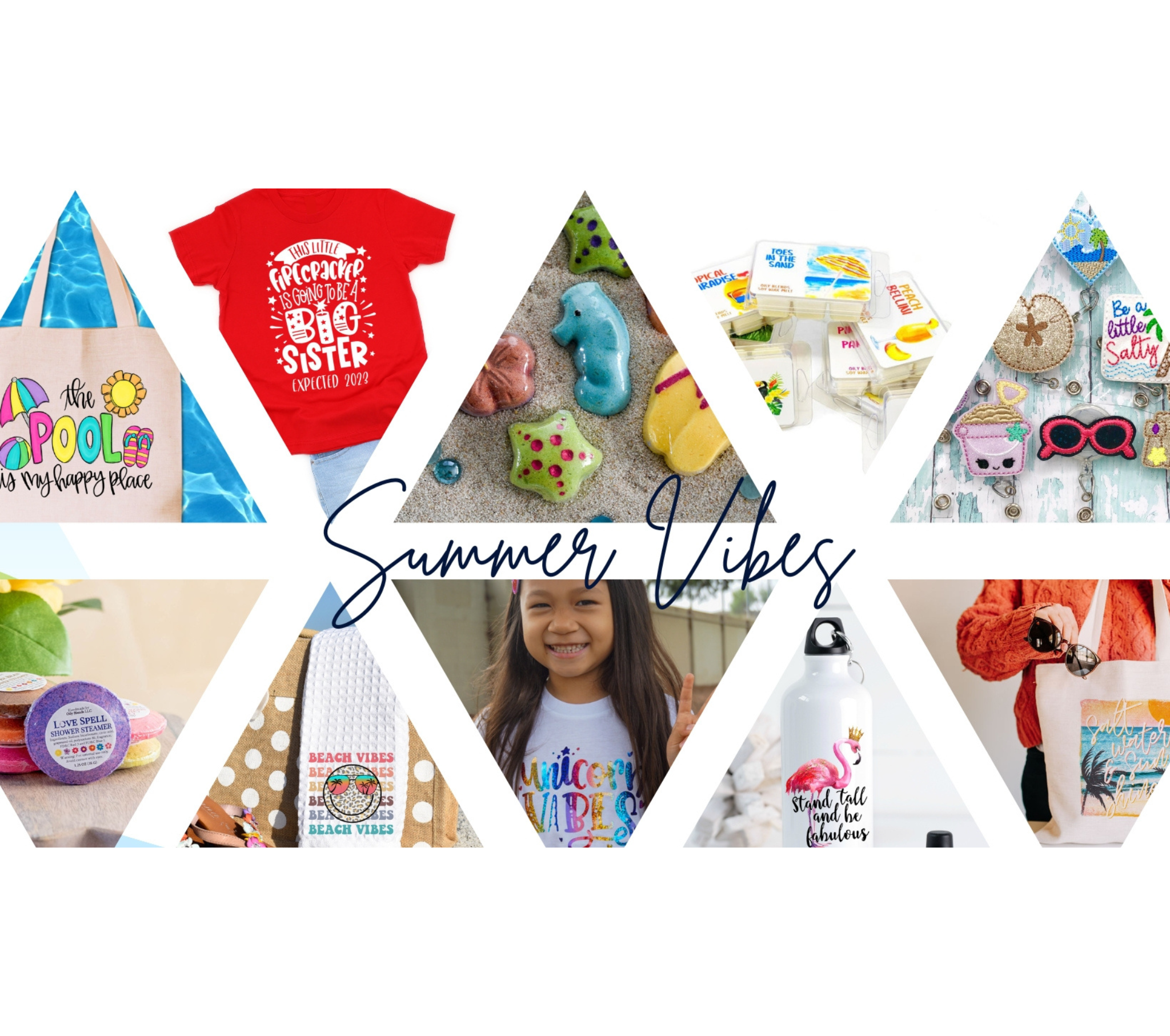 Collage of various products with 'Summer Vibes' text overlay on a white background