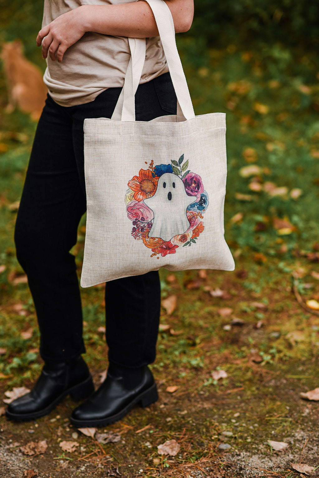 Halloween Floral Ghost Linen Tote Bag - Simply Crafty