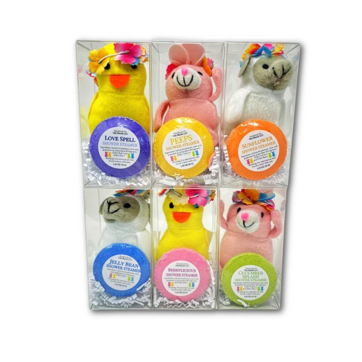 Gift Set With Easter Shower Steamers and Halo Plushy in Clear Box - Oily BlendsGift Set With Easter Shower Steamers and Halo Plushy in Clear Box