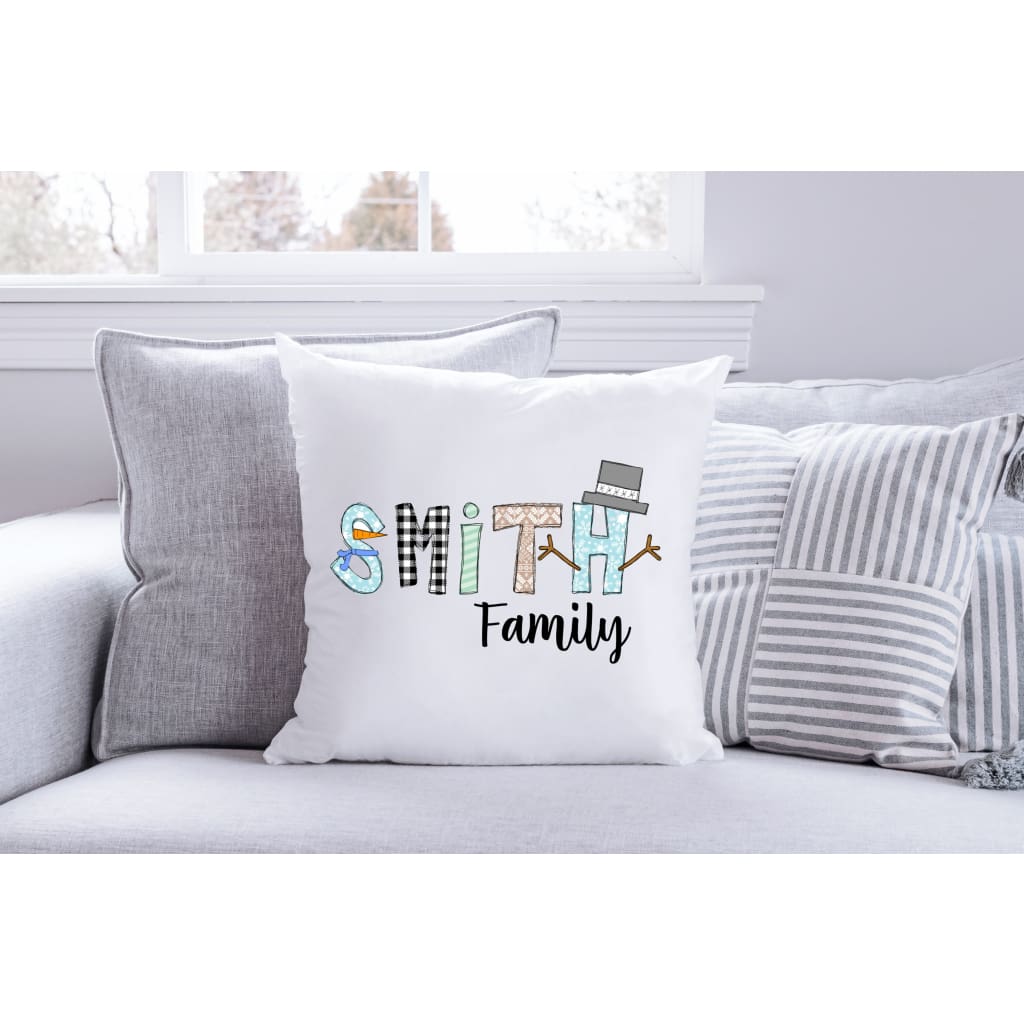 Winter Snowman Family Name Personalized Gift Throw Pillow - Simply Crafty